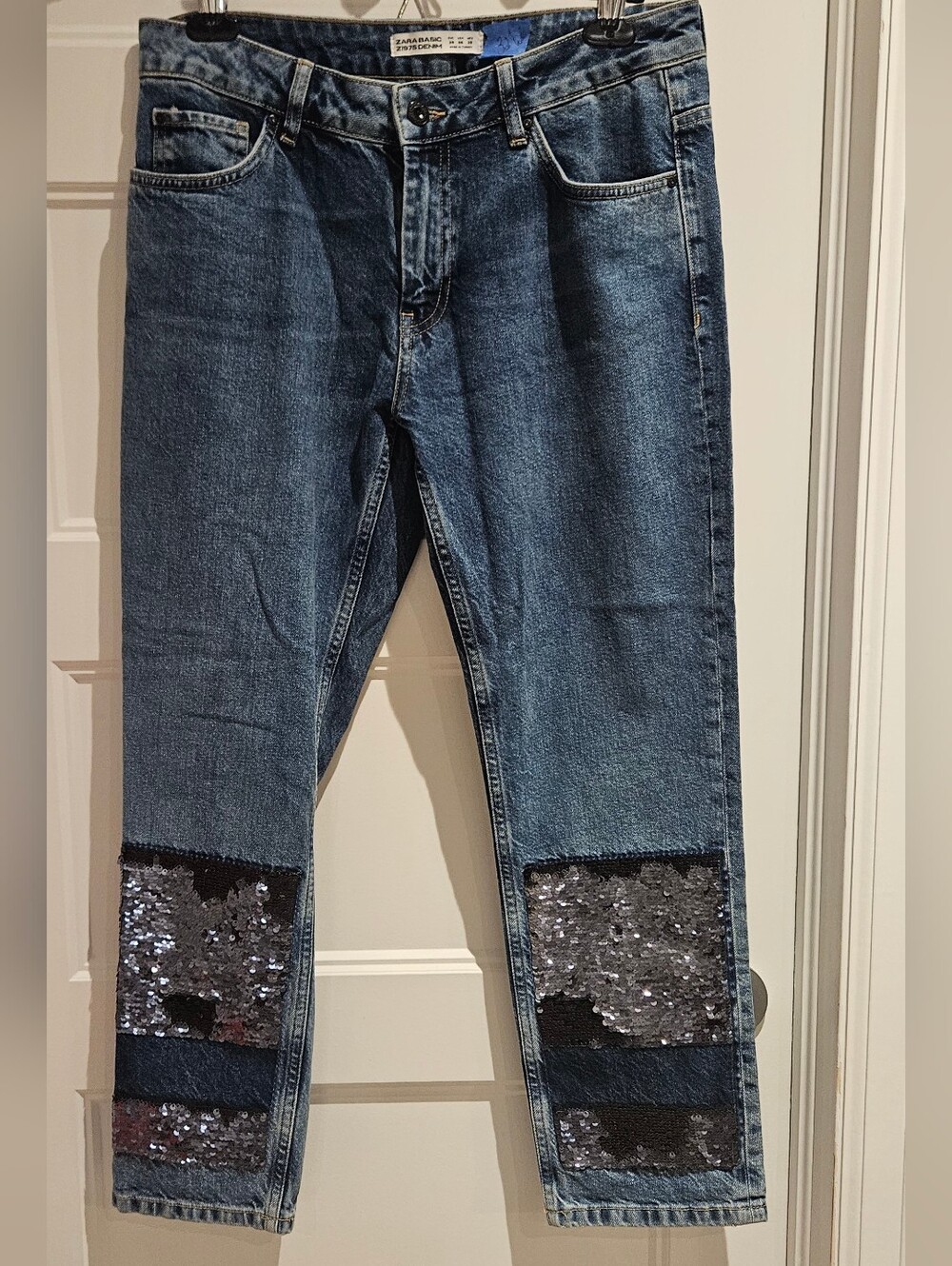 Zara Mid-Blue Cropped Jeans with Silver Sequin Knee Panels